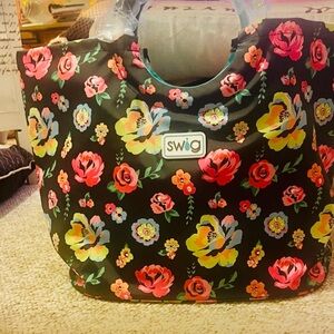 NWT SWIG Black Floral Insulated life loopi Tote Bag